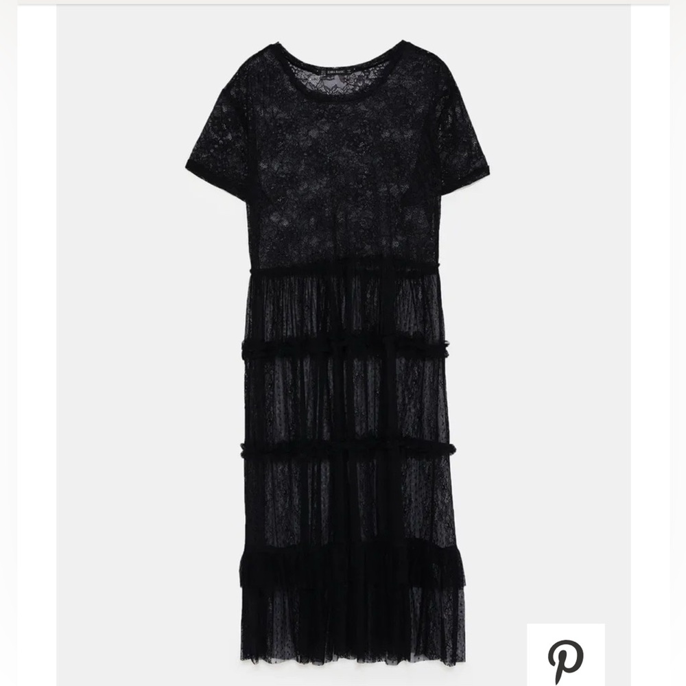 Zara Black Lace Midi Sheath Dress with Tiered Fringe and Crew Neck